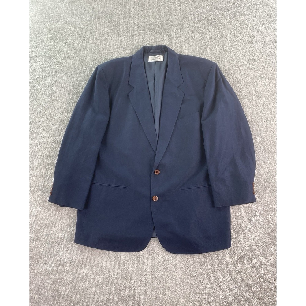 Vintage Claiborne Sport Coat 44 R Blue Linen Rayon Solid Designer Luxury Summer